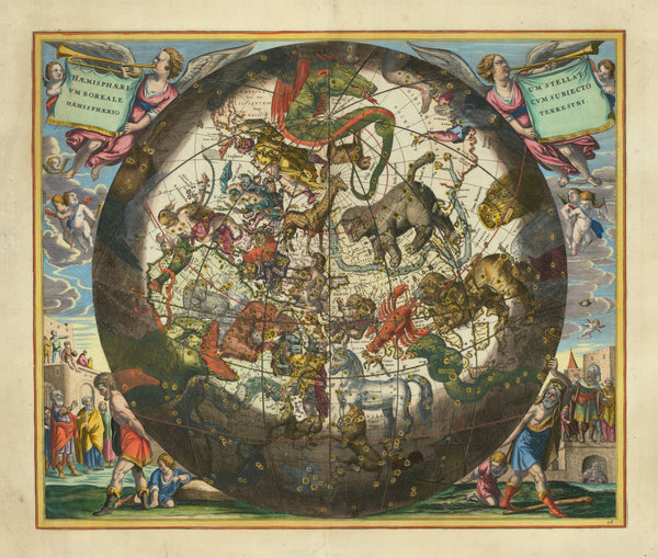 Andreas Cellarius — The Northern Starry Hemisphere over the Earth (Plate 26, Olive Colouring) | Celestial Map Print