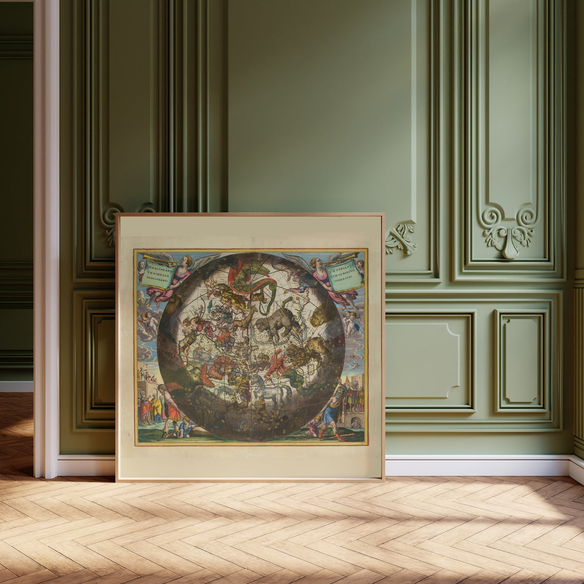 Andreas Cellarius — The Northern Starry Hemisphere over the Earth (Plate 26, Olive Colouring) | Celestial Map Print - 9ArtPrints