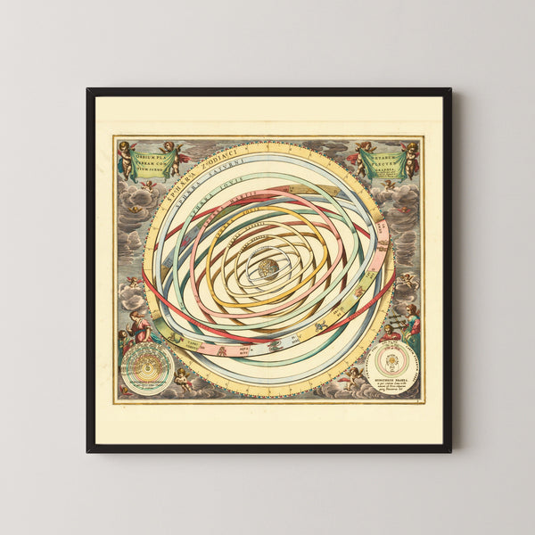 Andreas Cellarius — The Orbits of the Planets Encircling the Earth (Plate 3, Rose Colouring) | Celestial Map Print