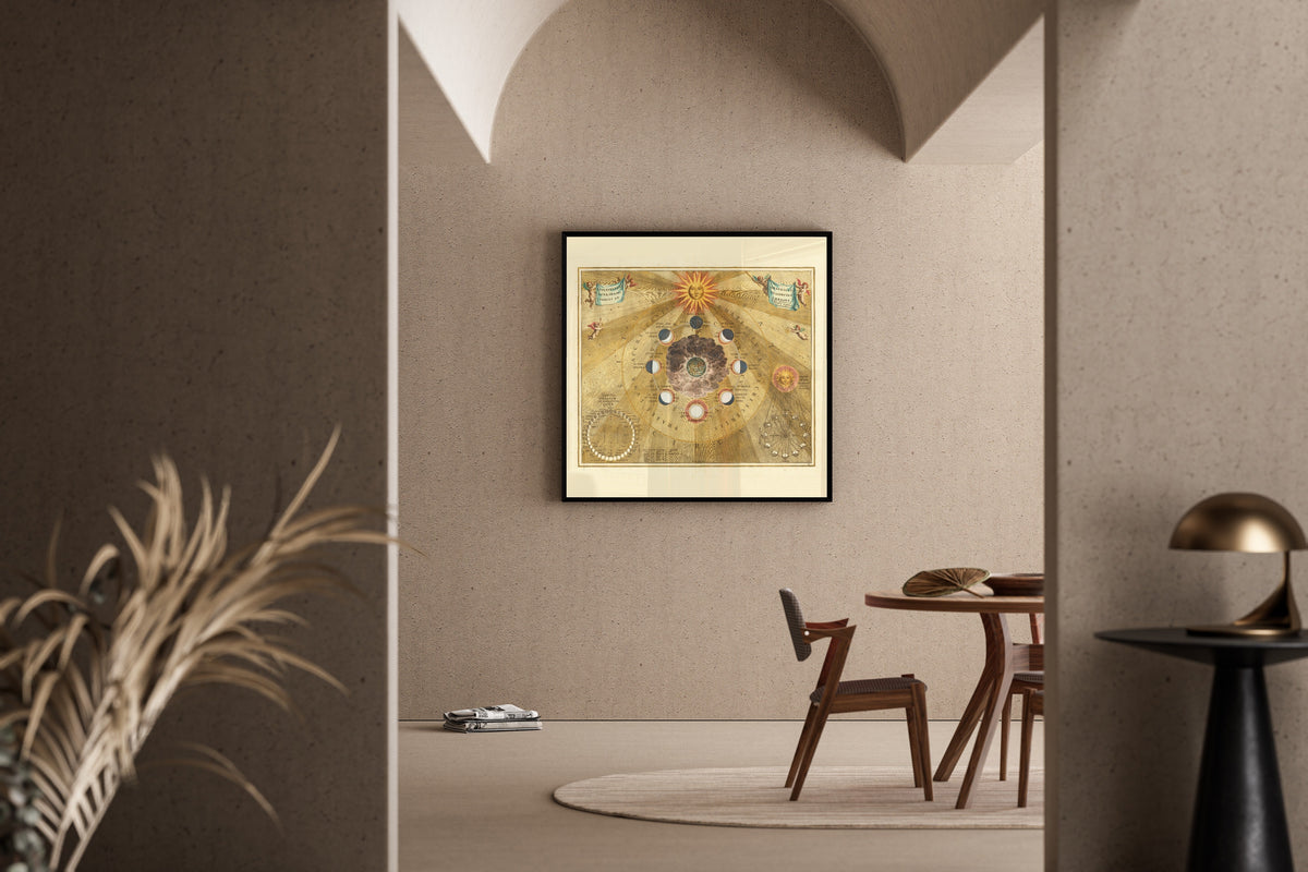 Andreas Cellarius — The Phases and Aspects of the Moon (Plate 19, Gold Colouring) | Celestial Map Print - 9ArtPrints