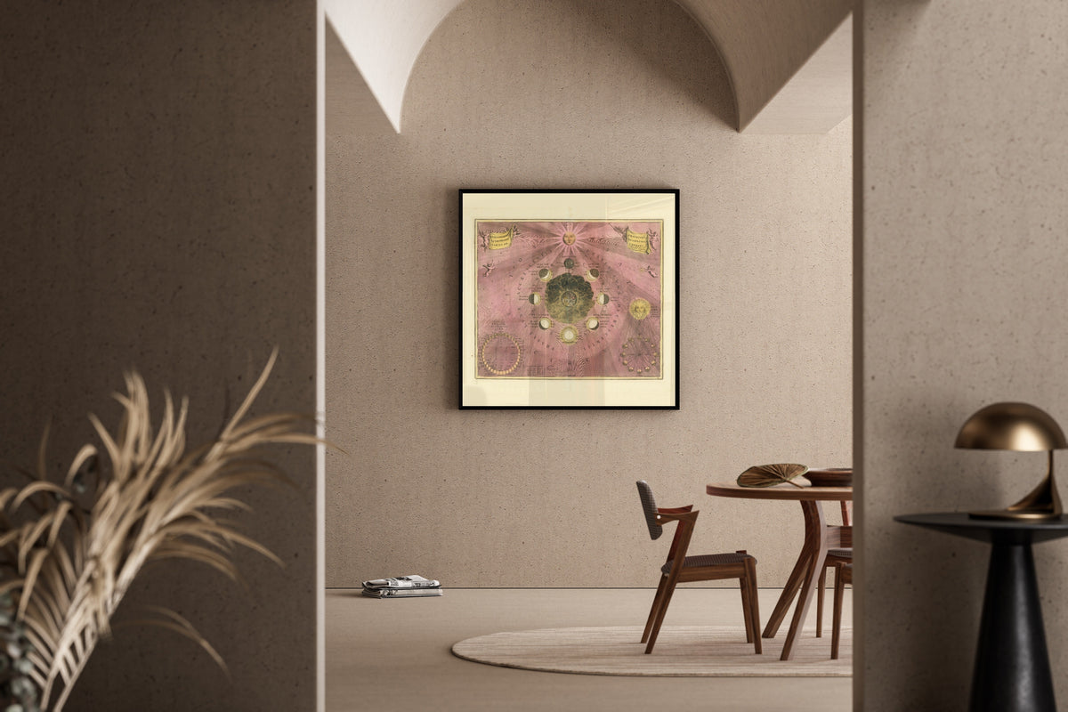 Andreas Cellarius — The Phases and Aspects of the Moon (Plate 19, Rose Colouring) | Celestial Map Print - 9ArtPrints
