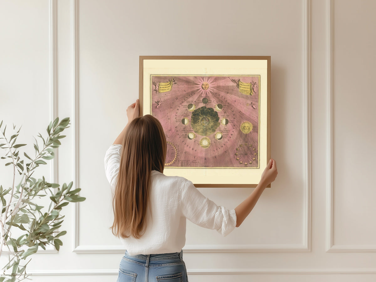 Andreas Cellarius — The Phases and Aspects of the Moon (Plate 19, Rose Colouring) | Celestial Map Print - 9ArtPrints