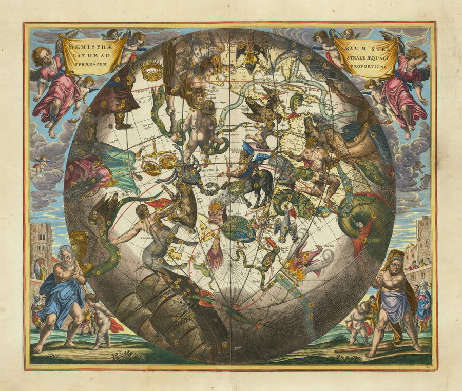 Andreas Cellarius — The Southern Starry Hemisphere in Equal Proportion (Plate 29) | Celestial Map Print shown to scale on a wall above a sofa