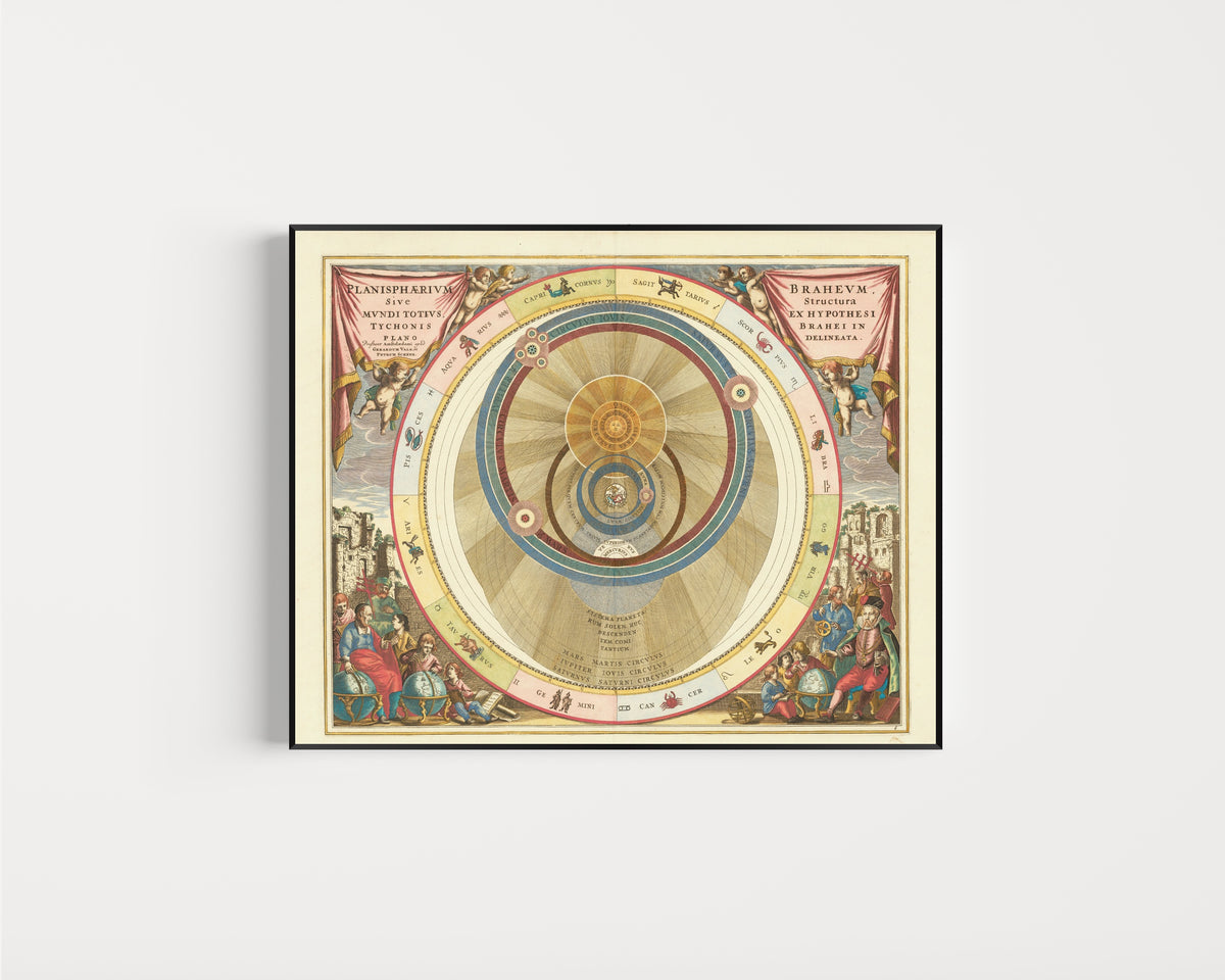Framed art print of The Tychonic Planisphere (Plate 6, Rose Colouring) by Andreas Cellarius, in a slim black frame on a plain white wall