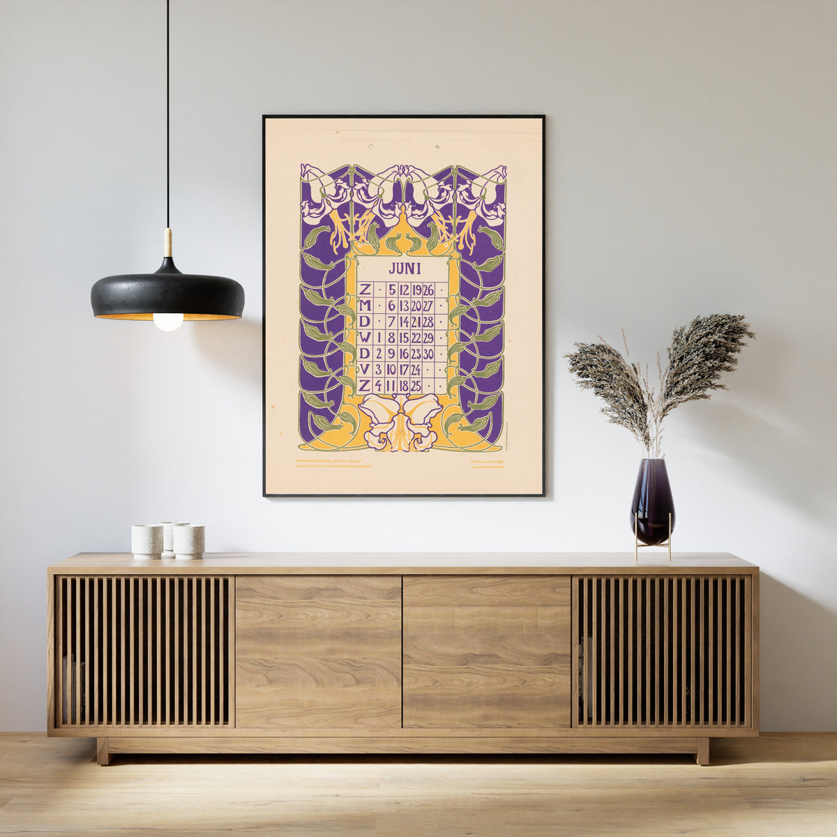 Kalenderblad juni met orchideeën [Calendar sheet June with orchids] by Anna Sipkema — framed above a slatted wood sideboard