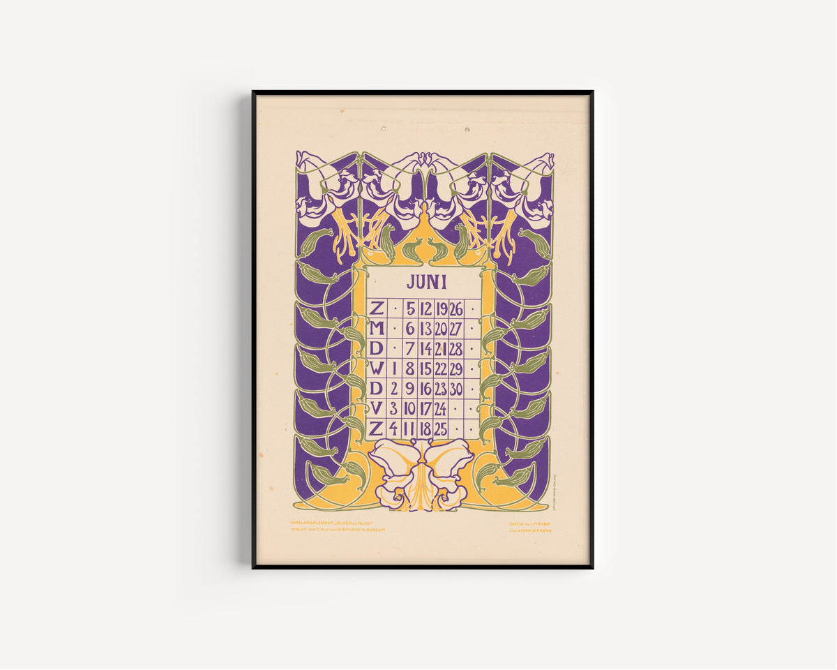 Kalenderblad juni met orchideeën [Calendar sheet June with orchids] by Anna Sipkema — in a slim black frame on a plain white wall