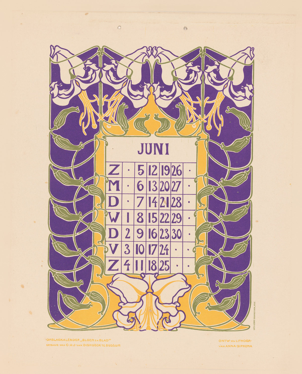 Kalenderblad juni met orchideeën [Calendar sheet June with orchids] by Anna Sipkema — White orchids and purple bands frame a calendar page for June