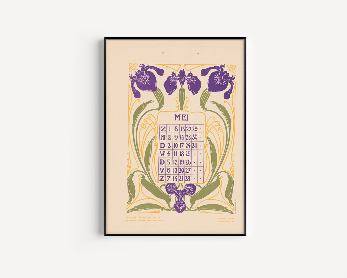 Kalenderblad mei met irissen [Calendar sheet May with irises] by Anna Sipkema — in a slim black frame on a plain white wall