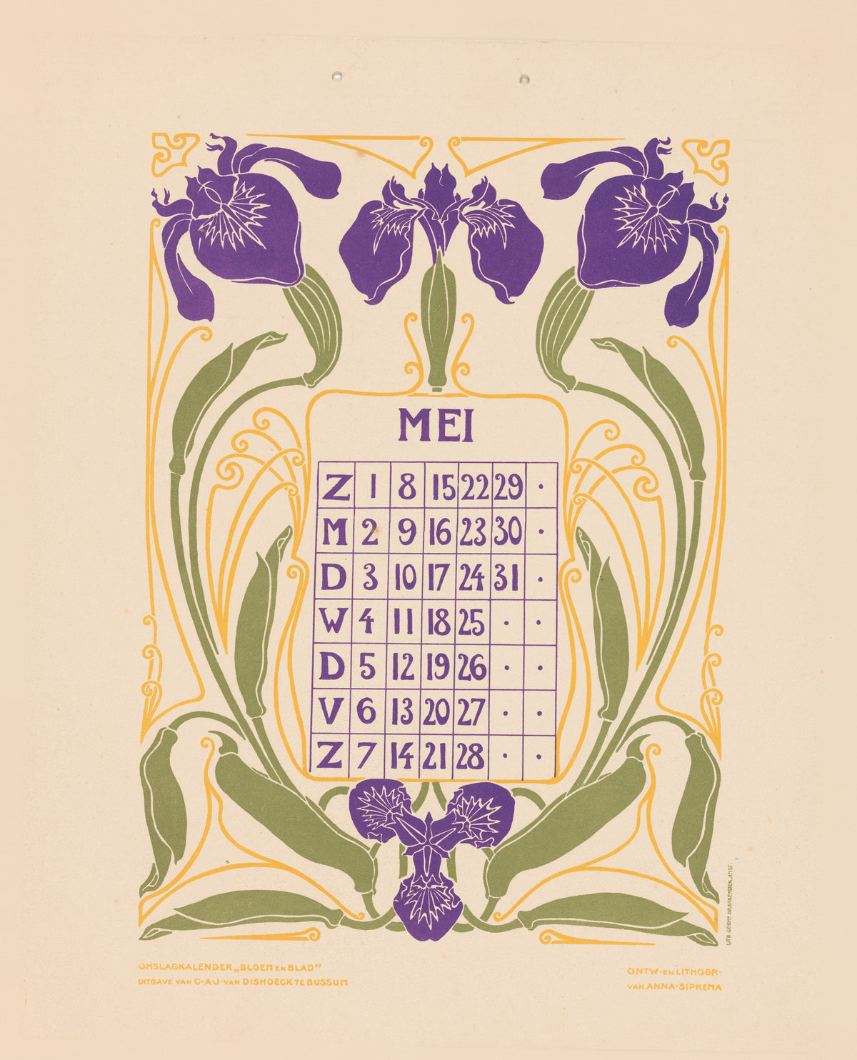 Kalenderblad mei met irissen [Calendar sheet May with irises] by Anna Sipkema — Purple irises frame a calendar grid in gold Art Nouveau linework