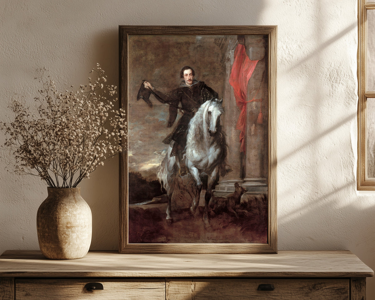 Framed art print of Anton Giulio Brignole-Sale on Horseback by Anthony van Dyck, in a dark wood frame leaning on a rustic console beside dried flowers