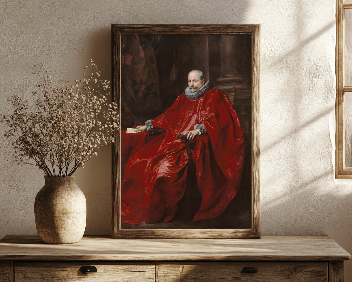 Framed art print of Portrait of Agostino Pallavicini by Anthony van Dyck, in a dark wood frame leaning on a rustic console beside dried flowers