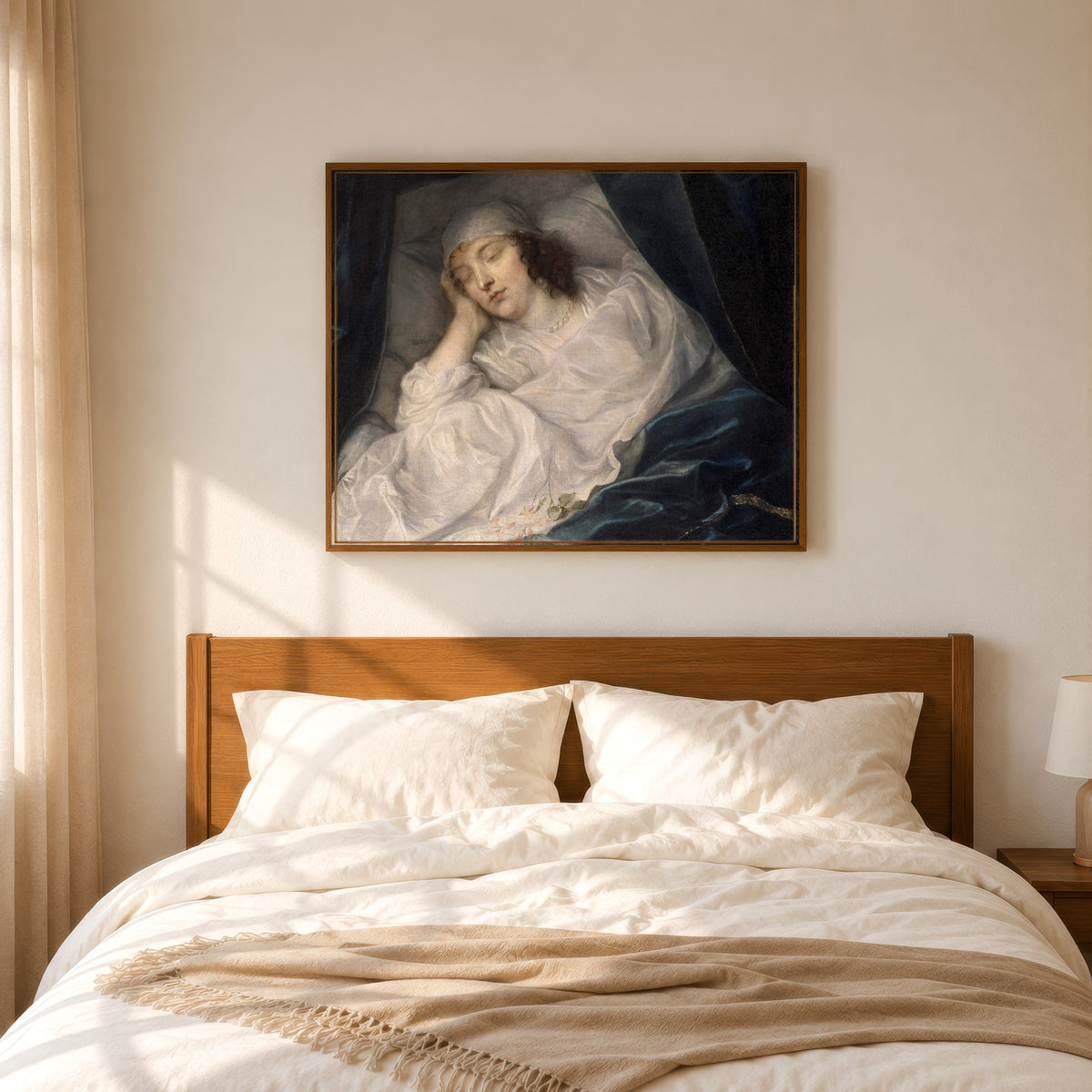 Framed art print of Venetia, Lady Digby, on Her Deathbed by Anthony van Dyck, in a slim wood frame above a bed in a sunlit bedroom