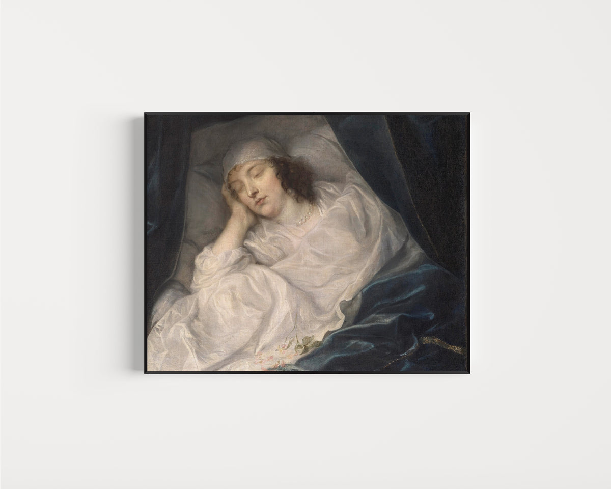 Framed art print of Venetia, Lady Digby, on Her Deathbed by Anthony van Dyck, in a slim black frame on a plain white wall