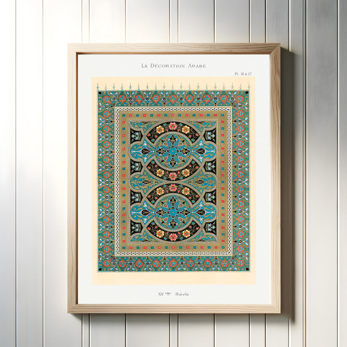 Framed art print of Arabian Pattern by Prisse d'Avennes, in a light wood frame on a white panelled wall