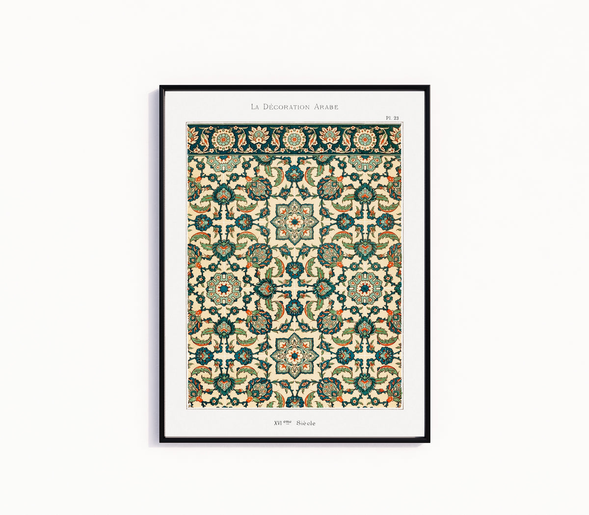 Framed art print of Arabian Pattern 23 by Prisse d'Avennes, in a slim black frame on a plain white wall