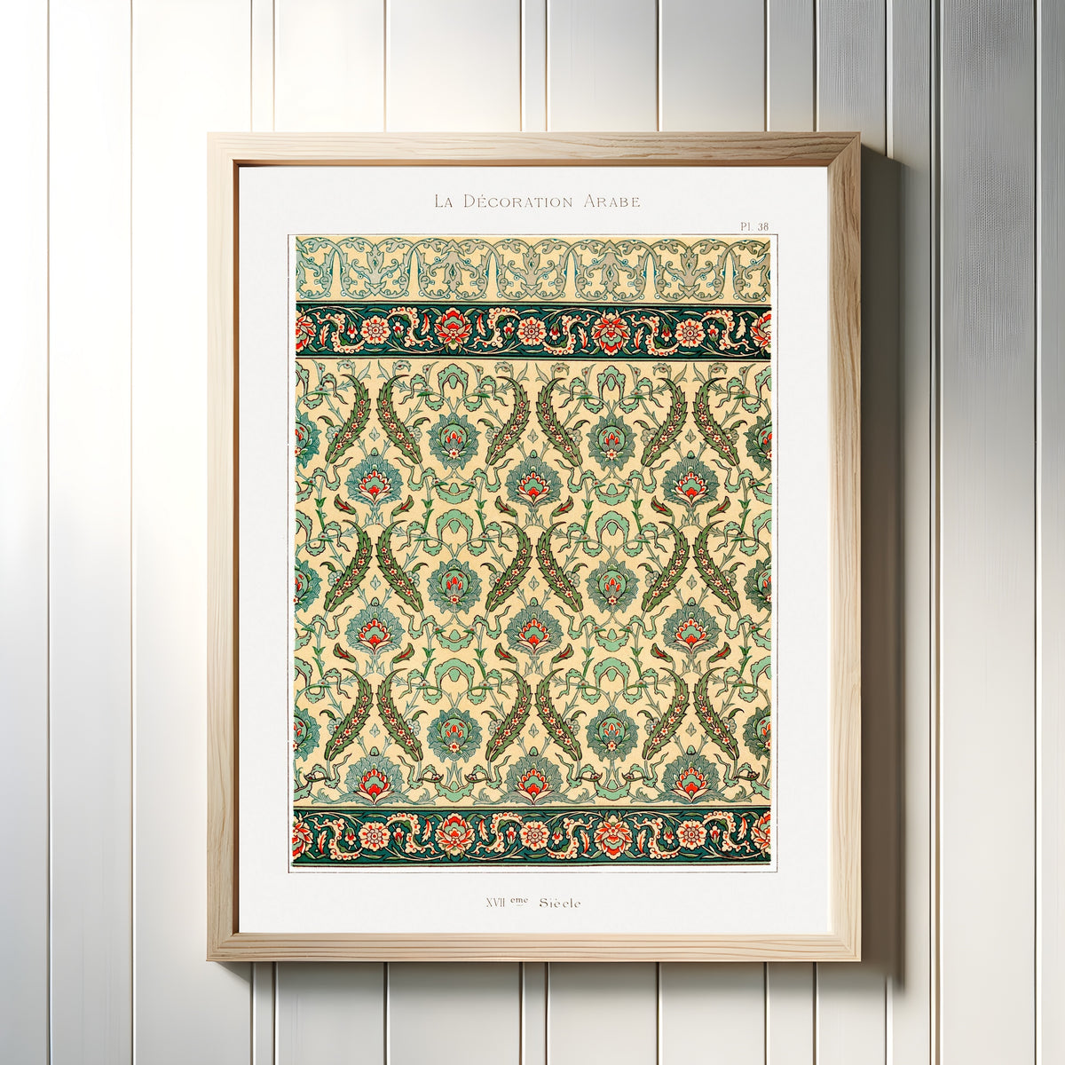 Framed art print of Arabian Pattern 38 by Prisse d'Avennes, in a light wood frame on a white panelled wall