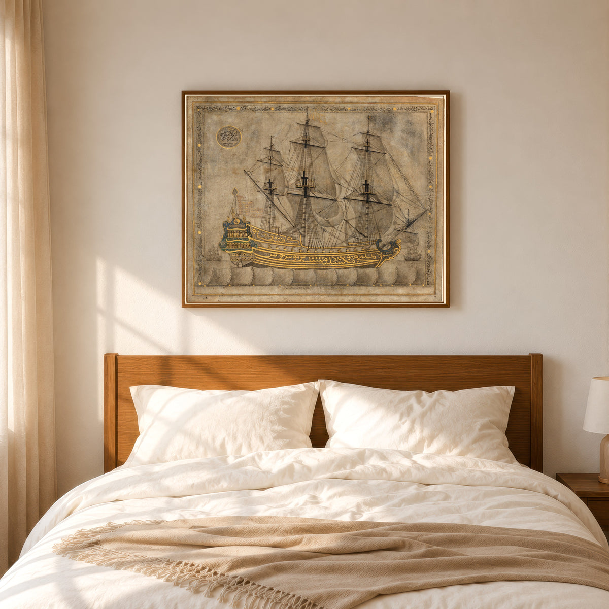 Framed art print of Islamic Calligraphy by 'Abd al-Qadir al-Hisari, in a slim wood frame above a bed in a sunlit bedroom