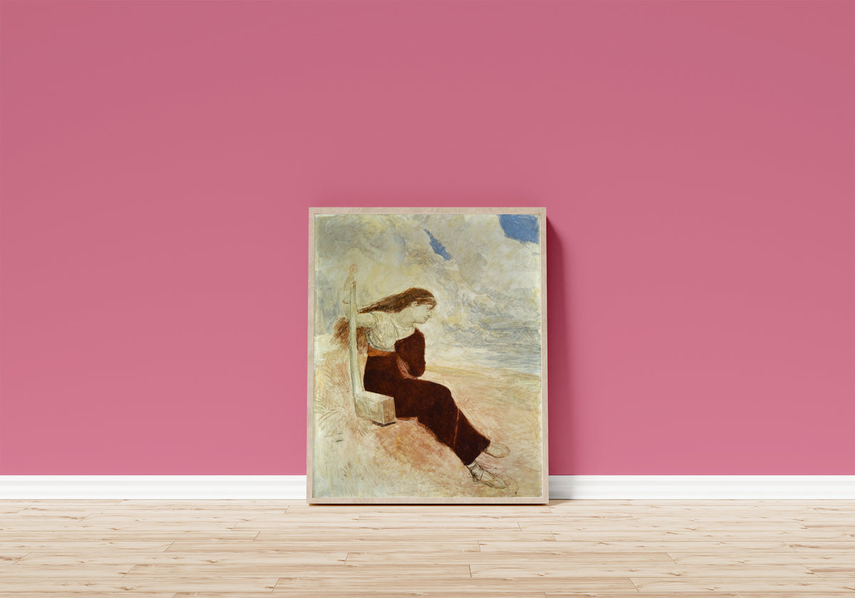 Framed art print of Sappho (Calypso) by Arnold Böcklin, in a light wood frame leaning on a pink wall above a wooden floor