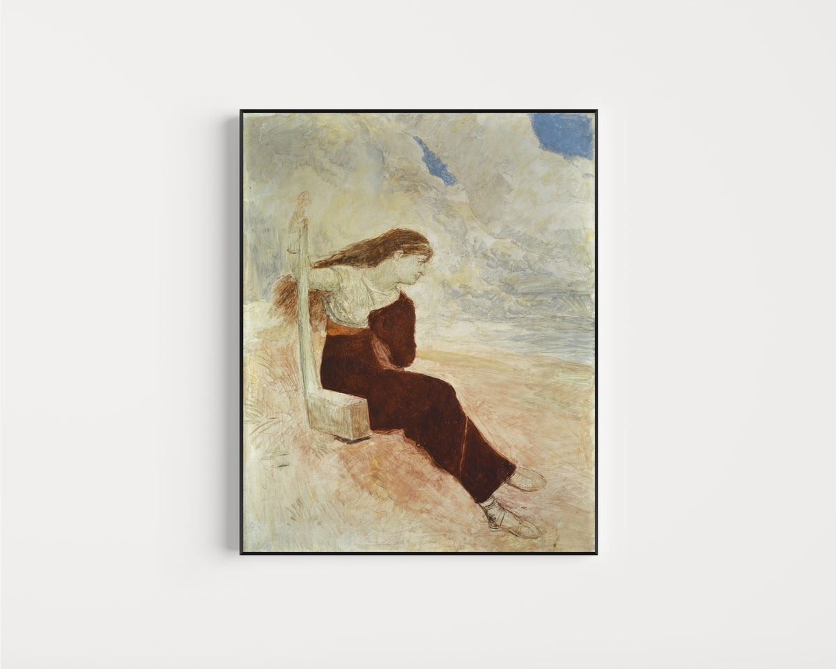 Framed art print of Sappho (Calypso) by Arnold Böcklin, in a slim black frame on a plain white wall