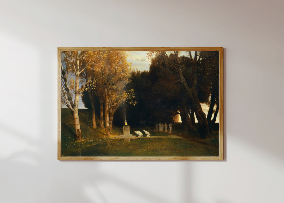 Framed art print of The Sacred Grove by Arnold Böcklin, in a light wood frame on a sunlit white wall