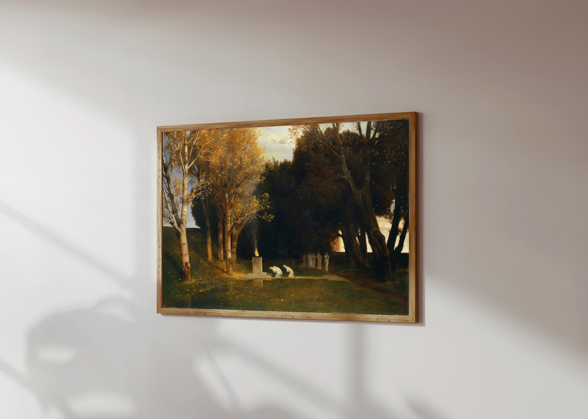Framed art print of The Sacred Grove by Arnold Böcklin, in a light wood frame on a sunlit white wall, seen at a slight angle