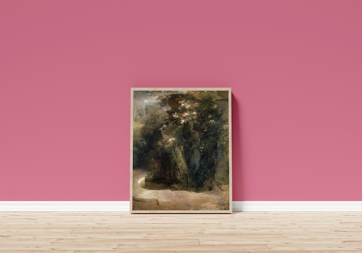 Framed art print of Venus Abandoned by Arnold Böcklin, in a light wood frame leaning on a pink wall above a wooden floor