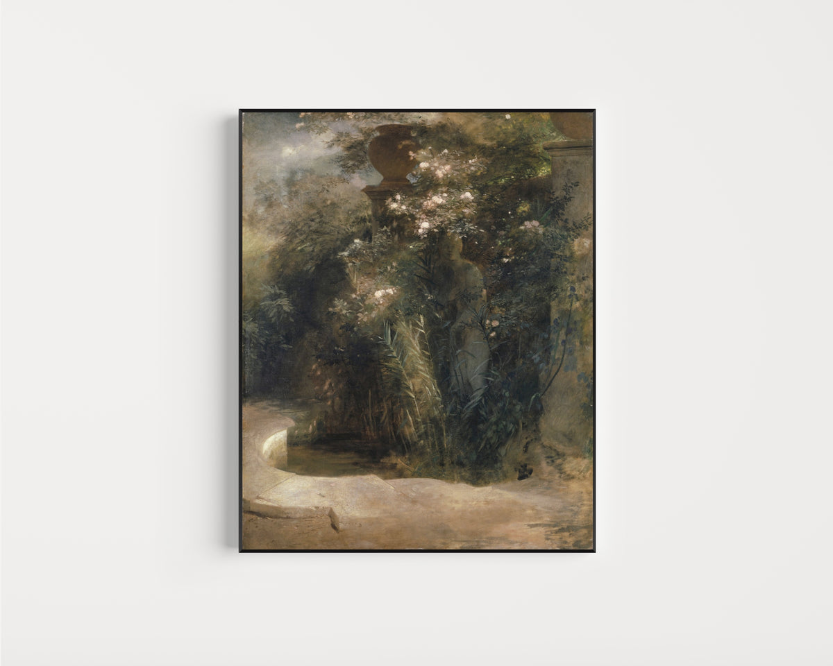 Framed art print of Venus Abandoned by Arnold Böcklin, in a slim black frame on a plain white wall