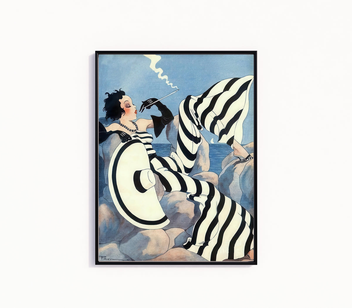 Framed art print of Le Sourire by Maurice Pepin, in a slim black frame on a plain white wall