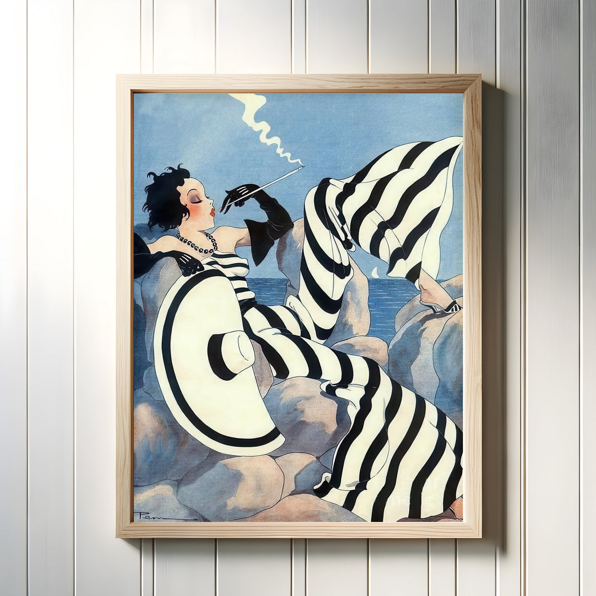 Framed art print of Le Sourire by Maurice Pepin, in a light wood frame on a white panelled wall