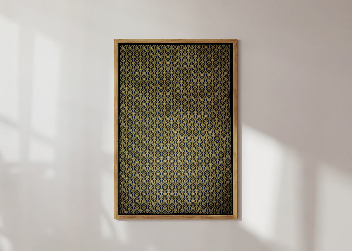 Framed art print of Wallpaper Design by Arthur Heygate Mackmurdo, in a light wood frame on a sunlit white wall