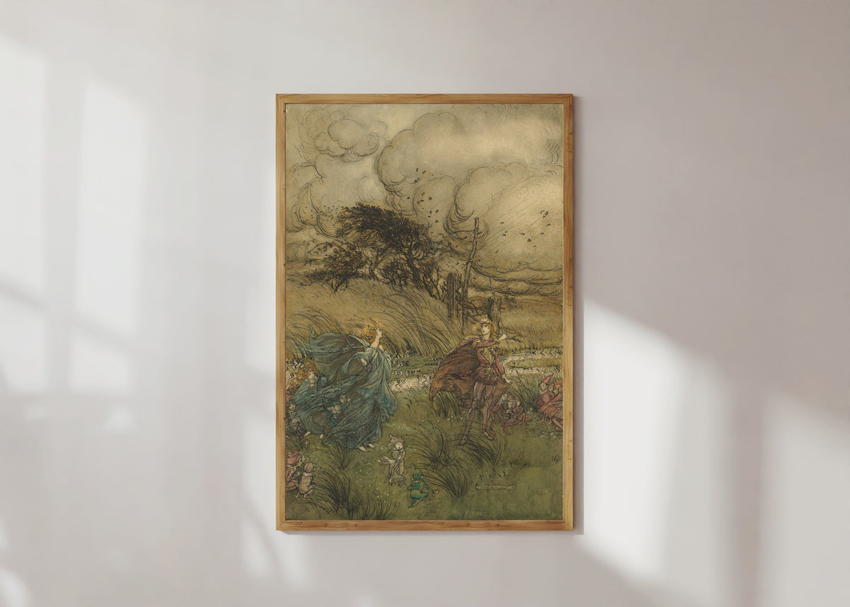 Framed art print of And Now They Never Meet in Grove or Green by Arthur Rackham, in a light wood frame on a sunlit white wall