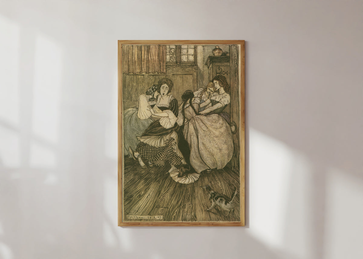 Framed art print of And the Maids Cried ‘Good Gracious, How Very Tenacious!’ by Arthur Rackham, in a light wood frame on a sunlit white wall