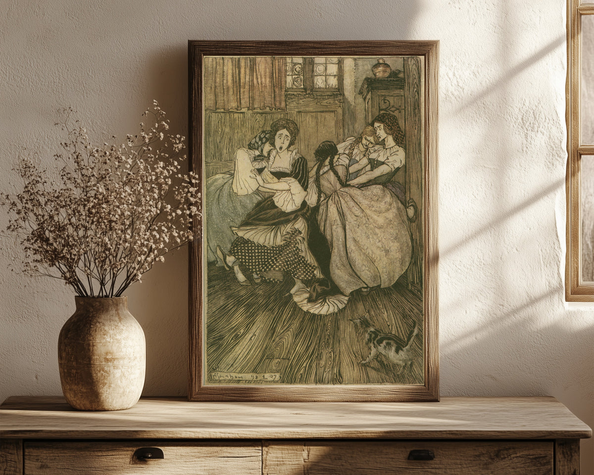 Framed art print of And the Maids Cried ‘Good Gracious, How Very… by Arthur Rackham, in a dark wood frame leaning on a rustic console beside dried flowers