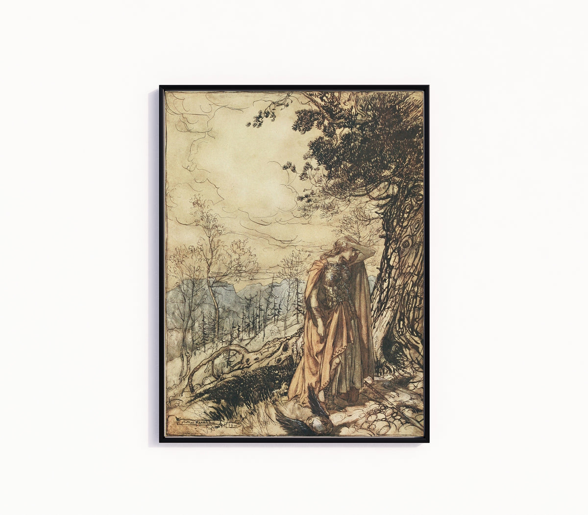 Framed art print of Brünnhilde Stands for a Long Time Dazed and Alarmed by Arthur Rackham, in a slim black frame on a plain white wall