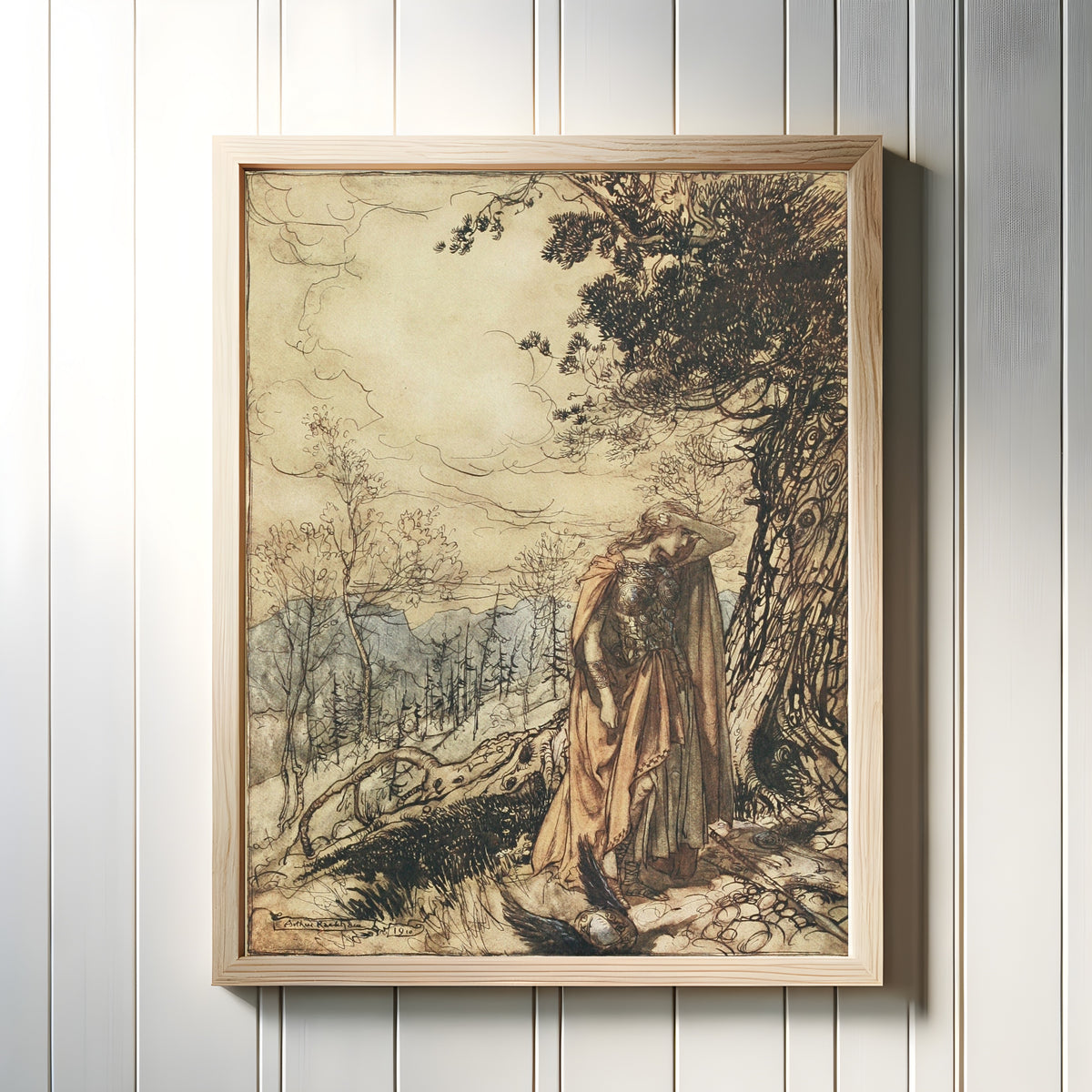 Framed art print of Brünnhilde Stands for a Long Time Dazed and Alarmed by Arthur Rackham, in a light wood frame on a white panelled wall