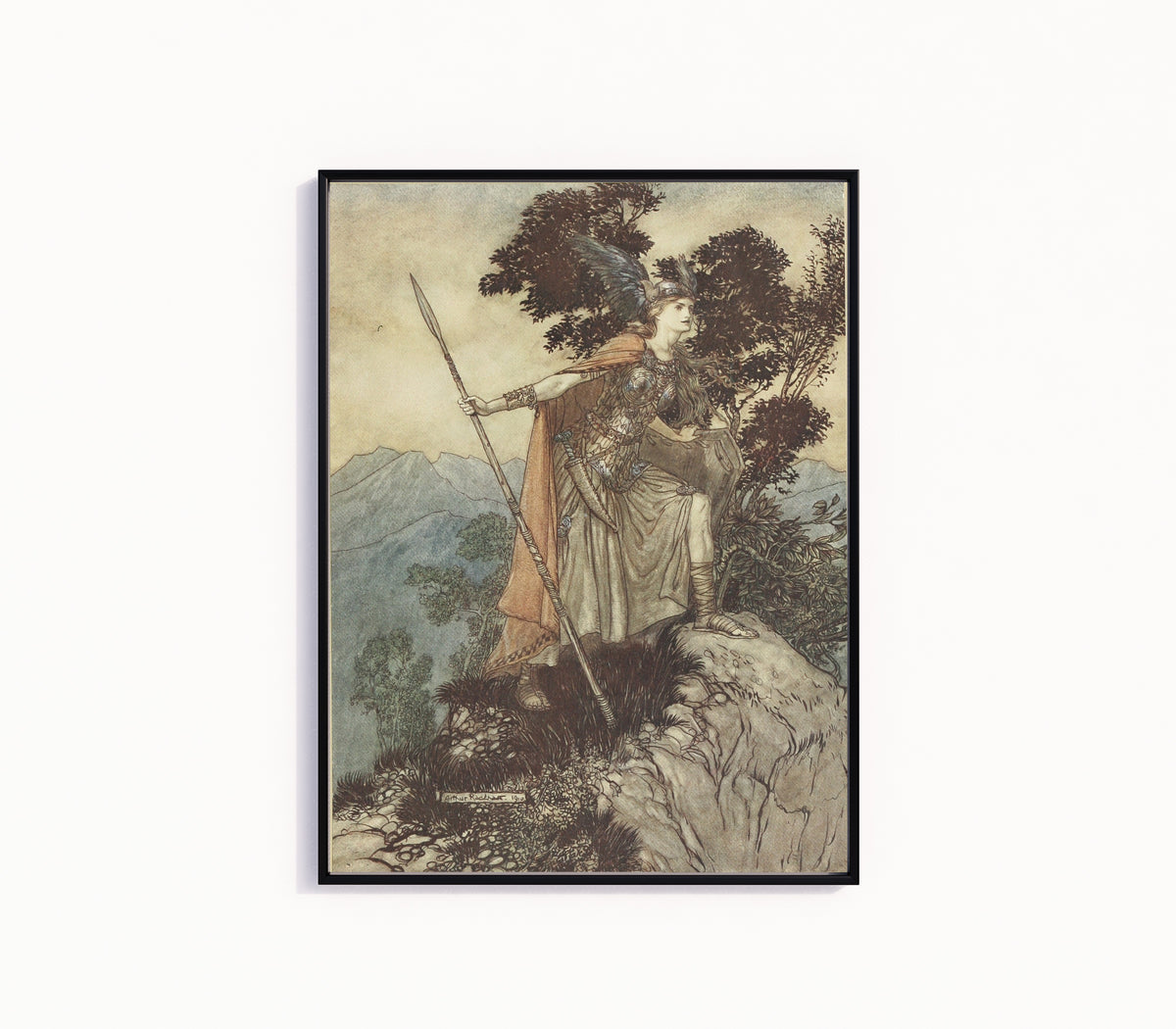 Framed art print of Brünnhilde by Arthur Rackham, in a slim black frame on a plain white wall