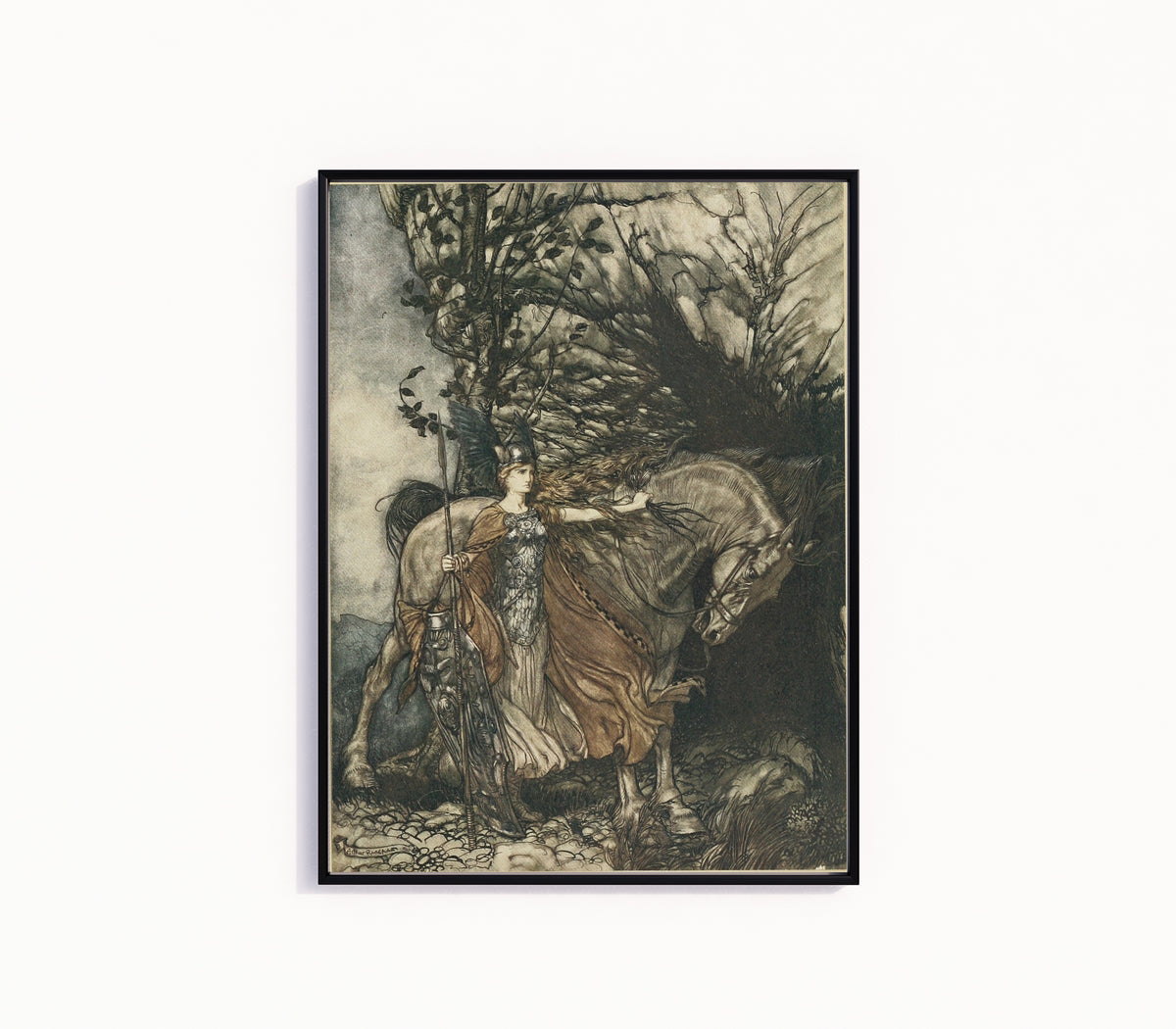 Framed art print of Brünnhilde with Her Horse, at the Mouth of the Cave by Arthur Rackham, in a slim black frame on a plain white wall