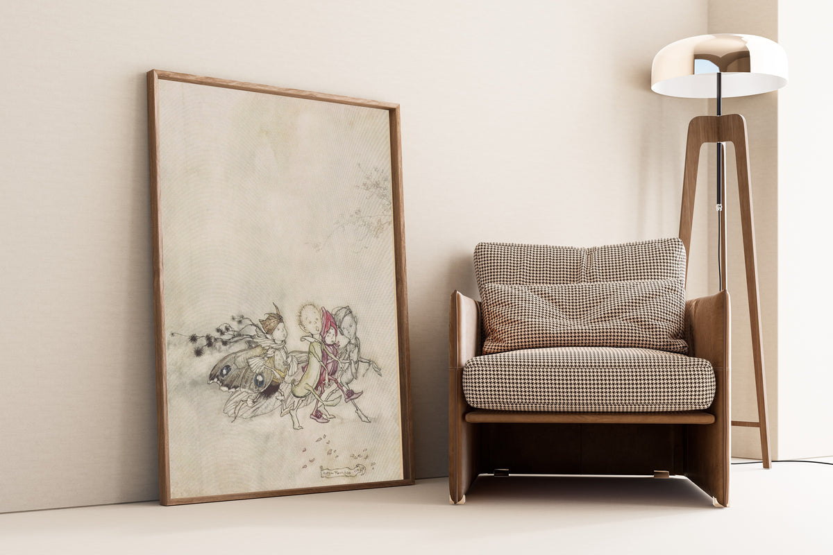 Framed art print of Enter Peaseblossom, Cobweb, Moth, and Mustardseed by Arthur Rackham, leaning against a wall beside an armchair and a floor lamp