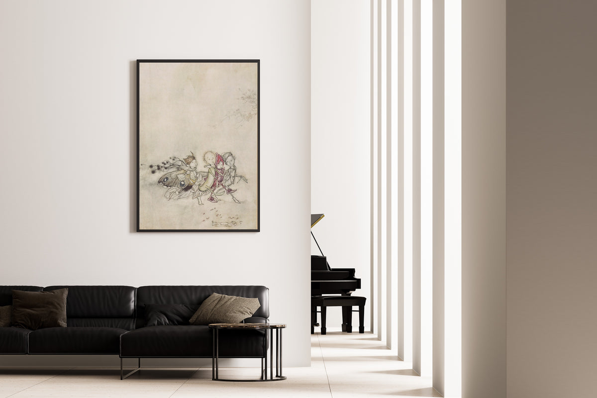 Framed art print of Enter Peaseblossom, Cobweb, Moth, and Mustardseed by Arthur Rackham, on the wall of a minimal living room