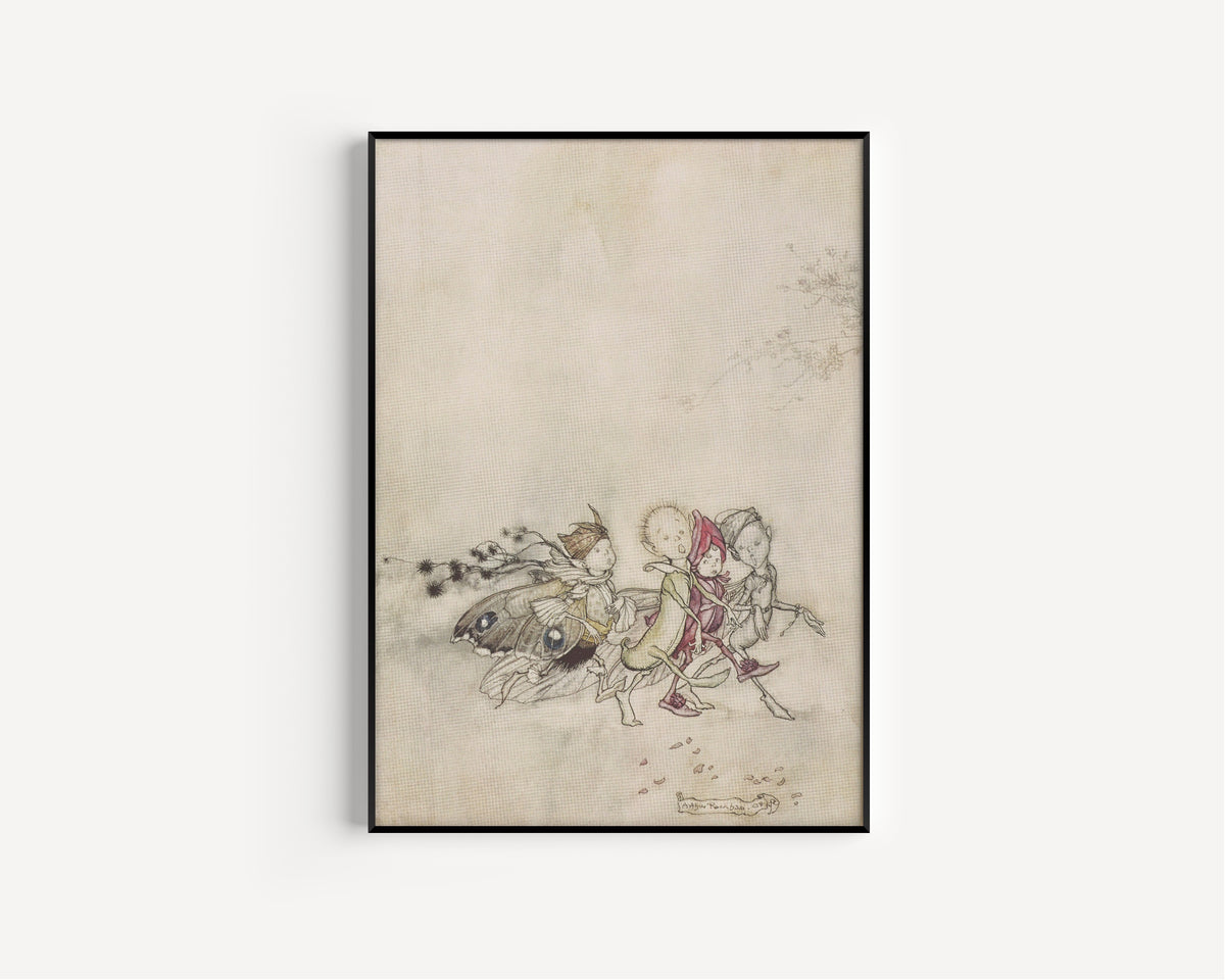 Framed art print of Enter Peaseblossom, Cobweb, Moth, and Mustardseed by Arthur Rackham, in a slim black frame on a plain white wall