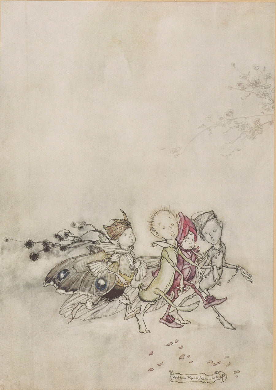 Arthur Rackham — Enter Peaseblossom, Cobweb, Moth, and Mustardseed | Shakespeare Illustration Print shown to scale on a wall above a sofa