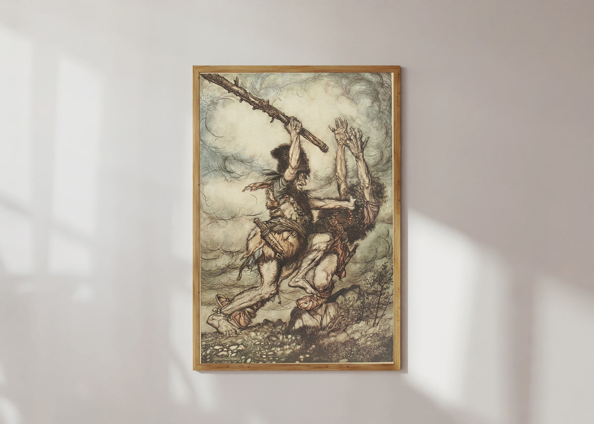 Framed art print of Fafner Kills Fasolt by Arthur Rackham, in a light wood frame on a sunlit white wall