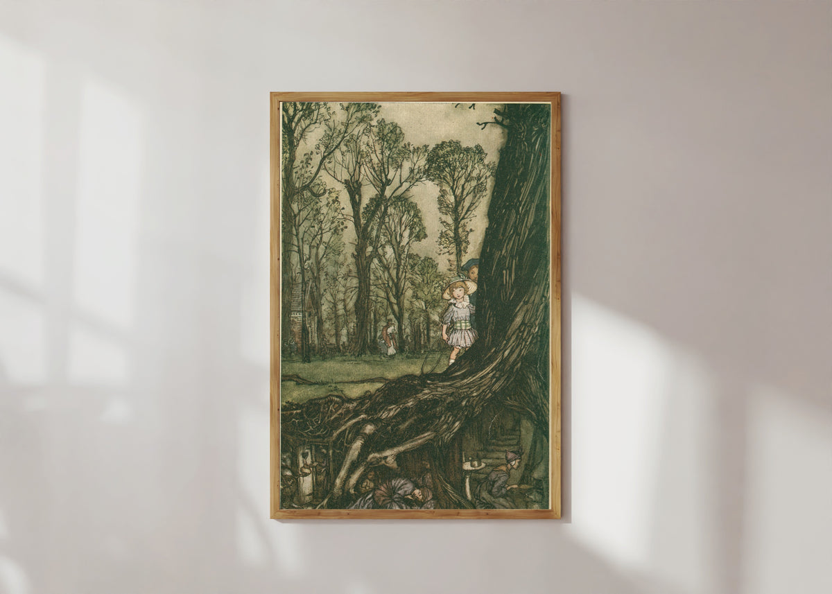 Framed art print of Fairies Are All More or Less in Hiding Until Dusk by Arthur Rackham, in a light wood frame on a sunlit white wall