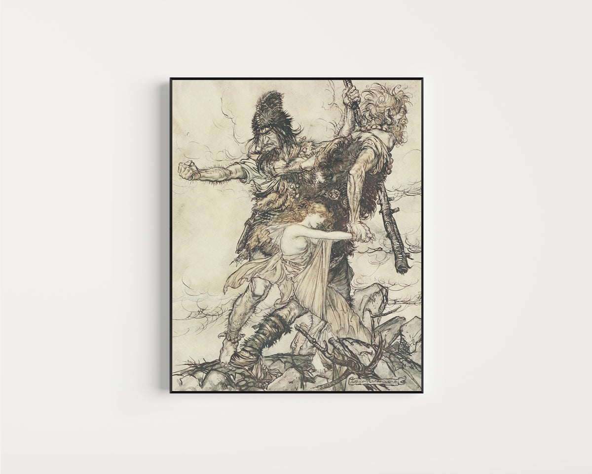 Framed art print of Fasolt Suddenly Seizes Freia by Arthur Rackham, in a slim black frame on a plain white wall