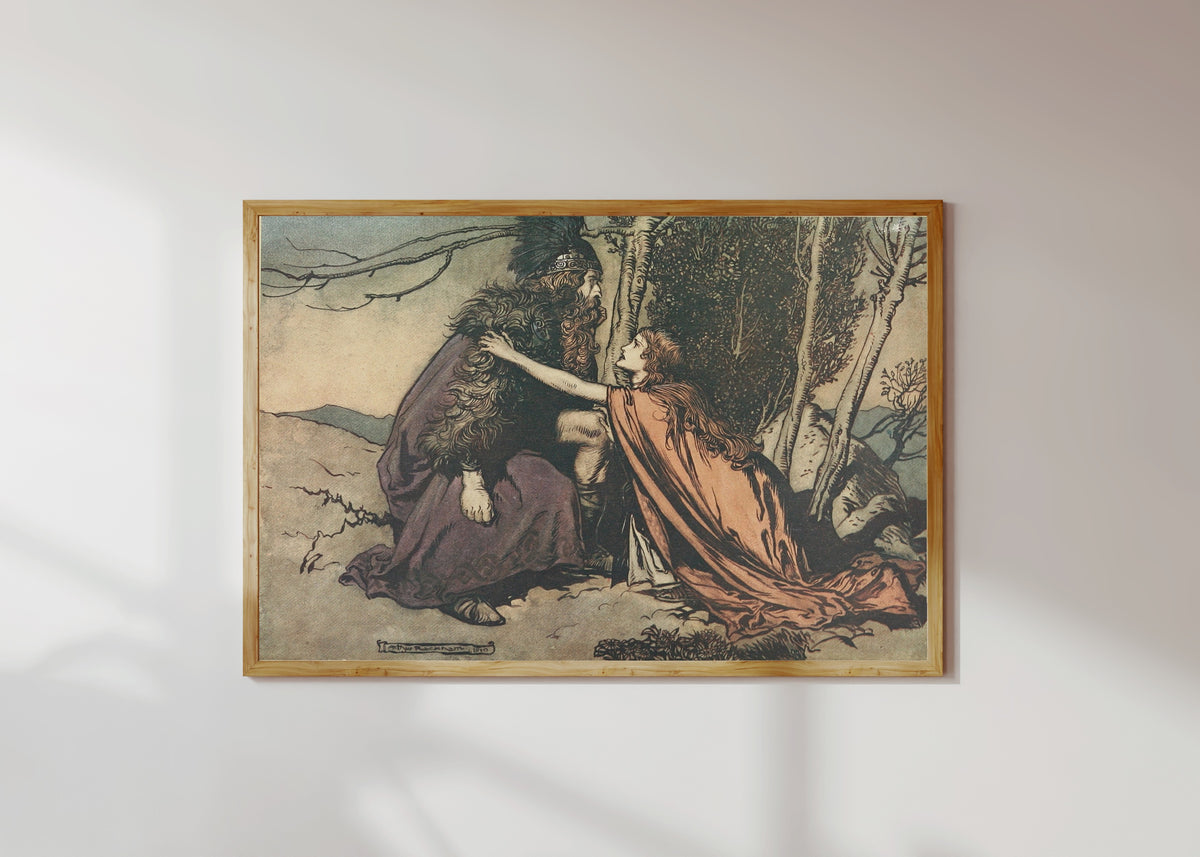 Framed art print of Father! Father! Tell Me What Ails Thee? by Arthur Rackham, in a light wood frame on a sunlit white wall
