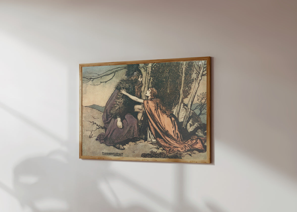 Framed art print of Father! Father! Tell Me What Ails Thee? by Arthur Rackham, in a light wood frame on a sunlit white wall, seen at a slight angle