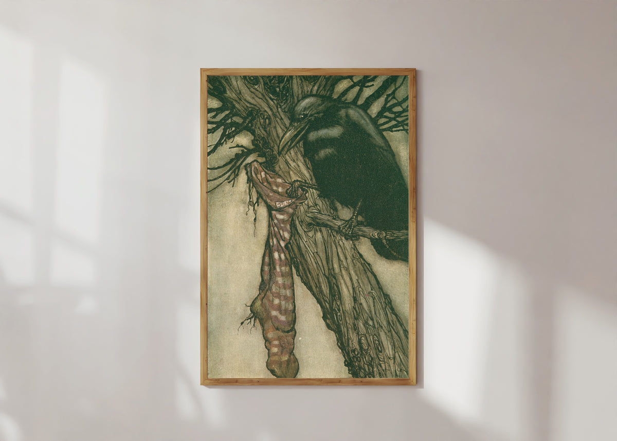 Framed art print of For Years He Had Been Quietly Filling His Stocking by Arthur Rackham, in a light wood frame on a sunlit white wall