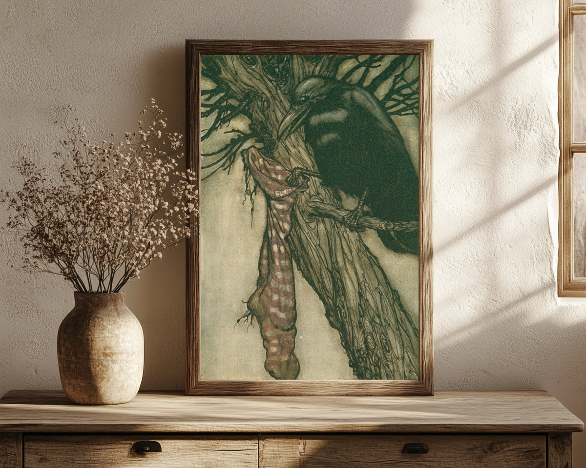 Framed art print of For Years He Had Been Quietly Filling His Stocking by Arthur Rackham, in a dark wood frame leaning on a rustic console beside dried flowers