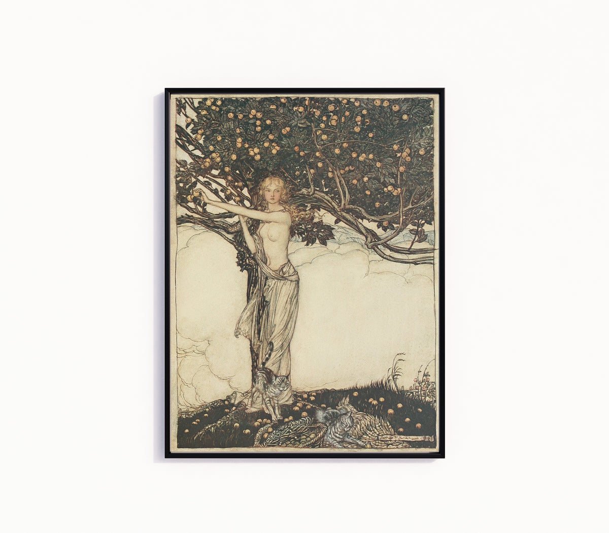 Framed art print of Freia, the Fair One by Arthur Rackham, in a slim black frame on a plain white wall