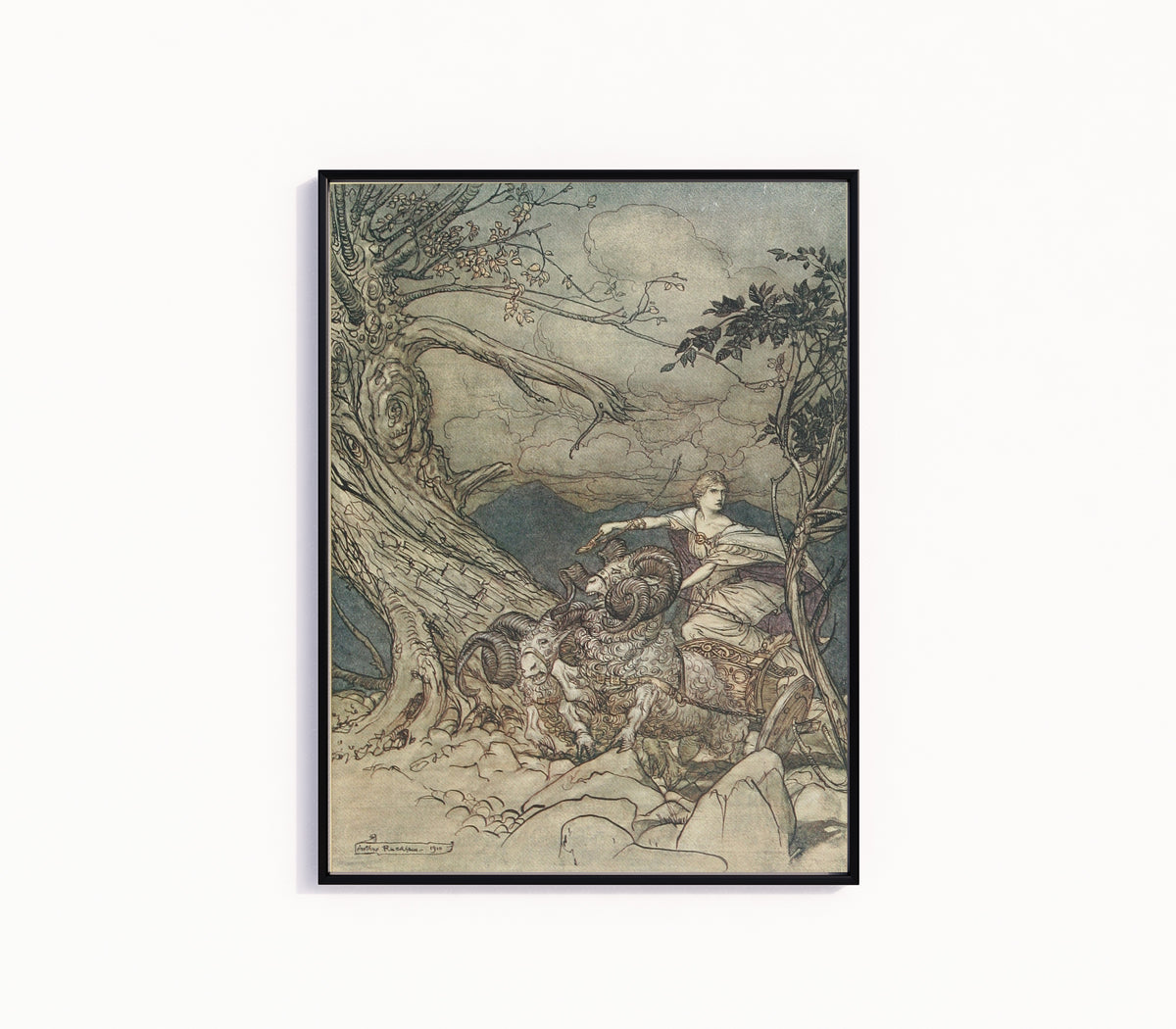 Framed art print of Fricka Approaches in Anger by Arthur Rackham, in a slim black frame on a plain white wall